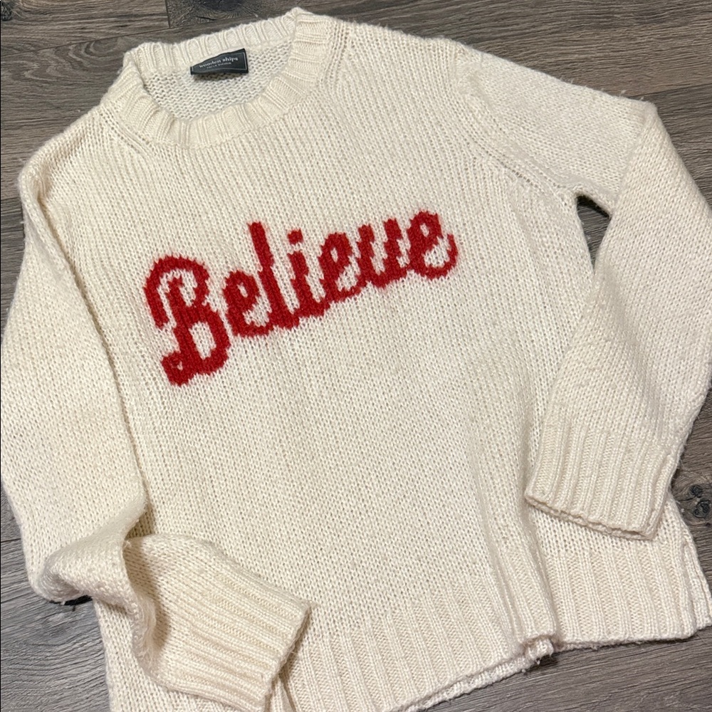 Wooden Ships Ivory Crewneck Sweater with Red 'Believe' Script size xs/small